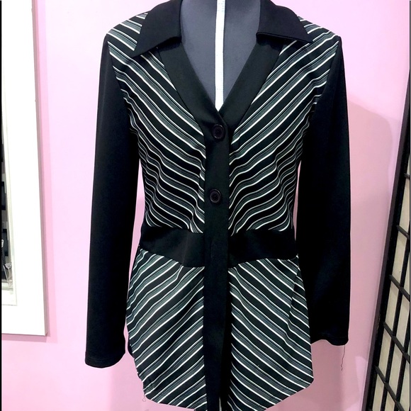 RAG buttoned blazer/suit jacket tailored black w/white stripes size L EUC - Picture 2 of 10